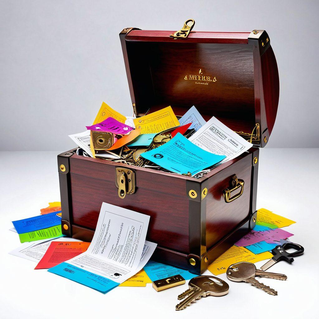 An open treasure chest overflowing with various insurance policy documents, surrounded by keys symbolizing different coverage options. In the background, a glowing light representing success in claims, with abstract gears and charts to emphasize financial security and guidance. The scene should convey a sense of discovery and empowerment. super-realistic. vibrant colors. white background.