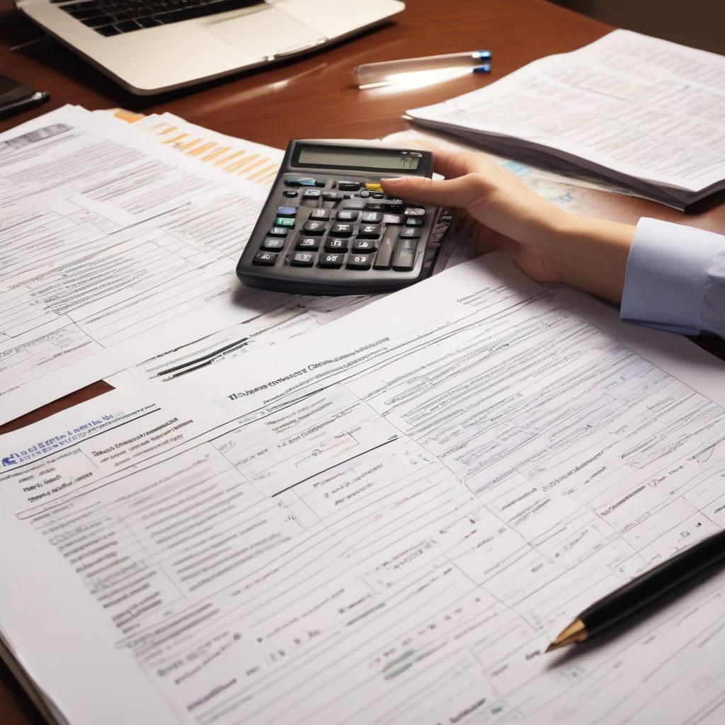 A clear visual representation of a person studying insurance papers with highlighted sections on premiums and deductibles. Include a calculator and a notebook filled with financial notes in the foreground. The background should feature scale symbols representing financial protection. Add a warm and inviting tone to the overall image to instill a sense of understanding. super-realistic. vibrant colors.